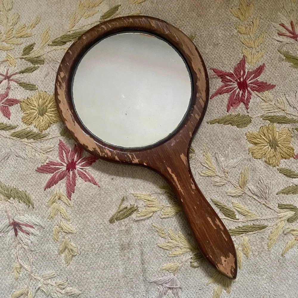 VTG I Long Handle Round Wood Hand Mirror Bird Dogwood Flowers